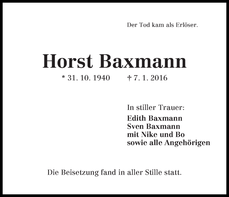 Traueranzeige von Horst Baxmann von Die Norddeutsche