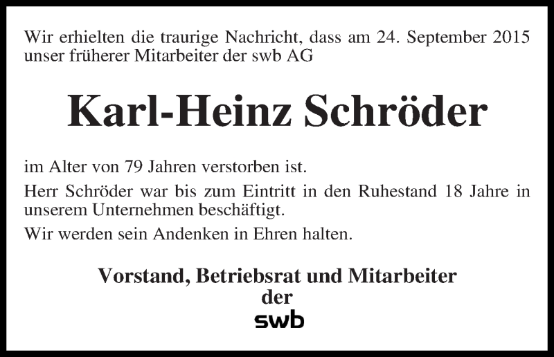 Traueranzeige von Karl-Heinz Schröder von WESER-KURIER