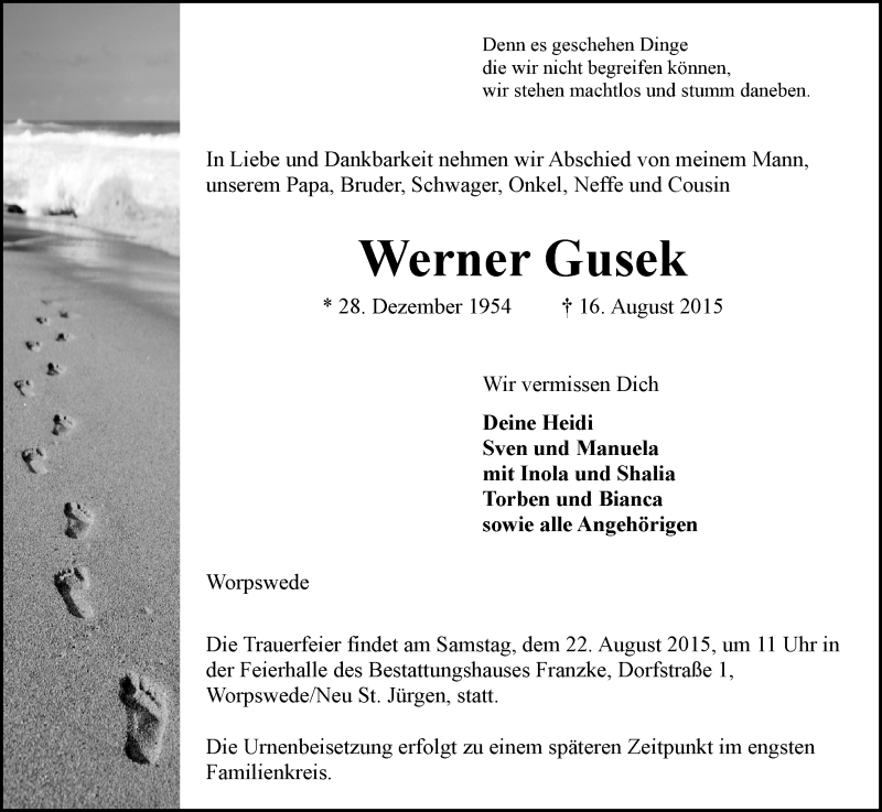 Traueranzeige von Werner Gusek von Wuemme Zeitung