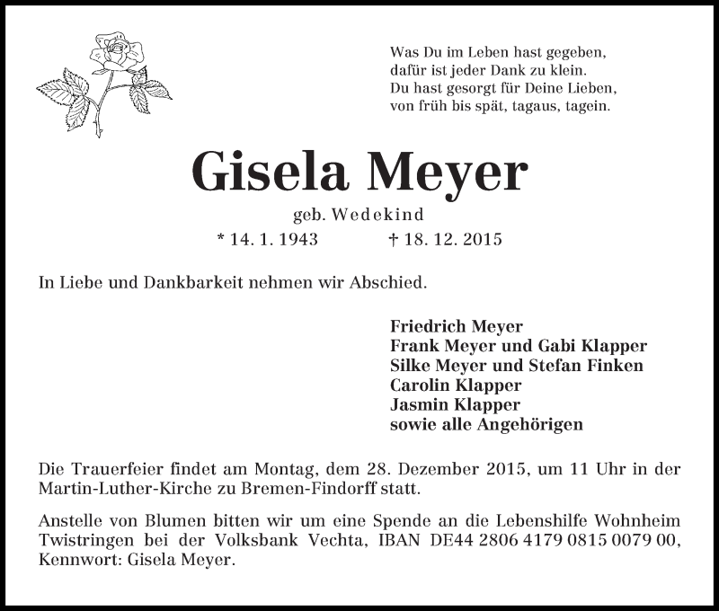 Traueranzeige von Gisela Meyer von WESER-KURIER