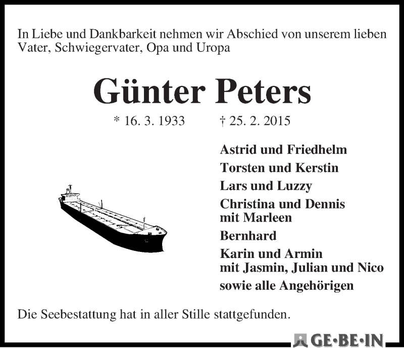 Traueranzeige von Günter Peters von WESER-KURIER