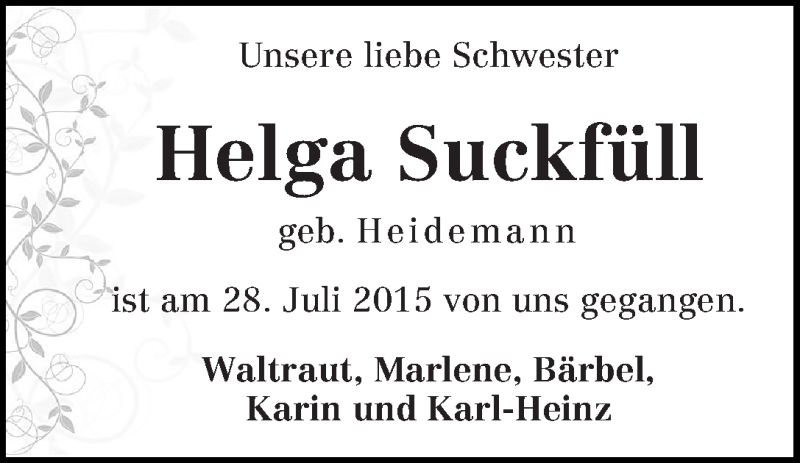 Traueranzeige von Helga Suckfüll von WESER-KURIER