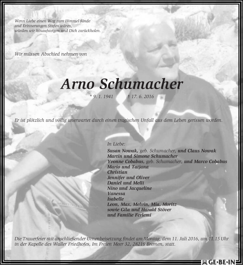  Traueranzeige für Arno Schumacher vom 25.06.2016 aus WESER-KURIER