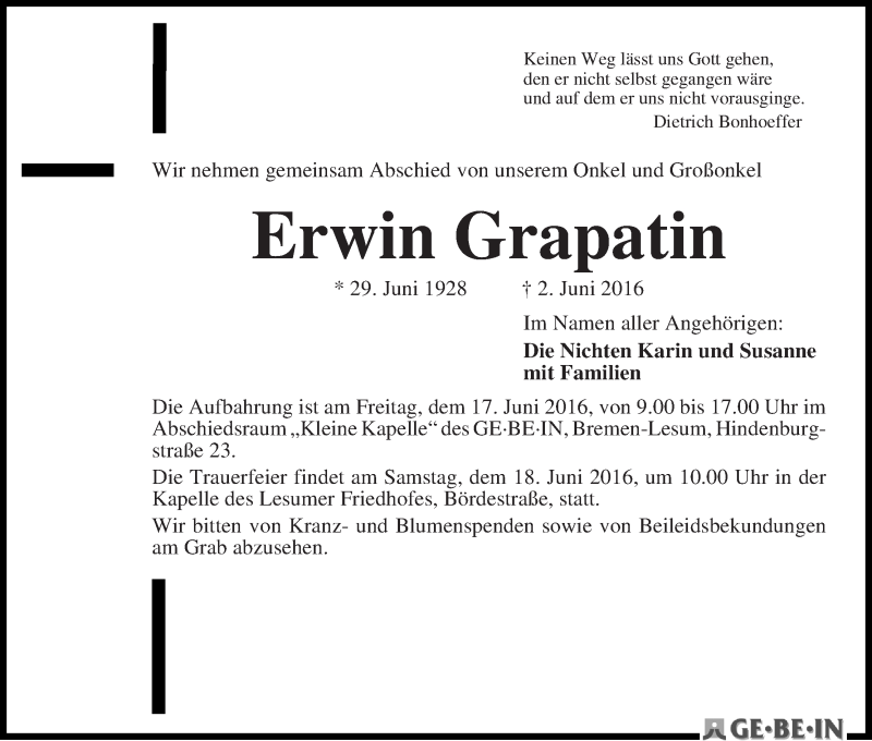 Traueranzeige von Erwin Grapatin von WESER-KURIER