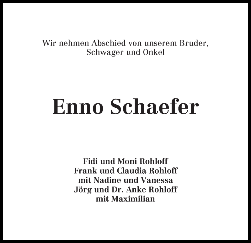 Traueranzeige von Enno Schaefer von WESER-KURIER