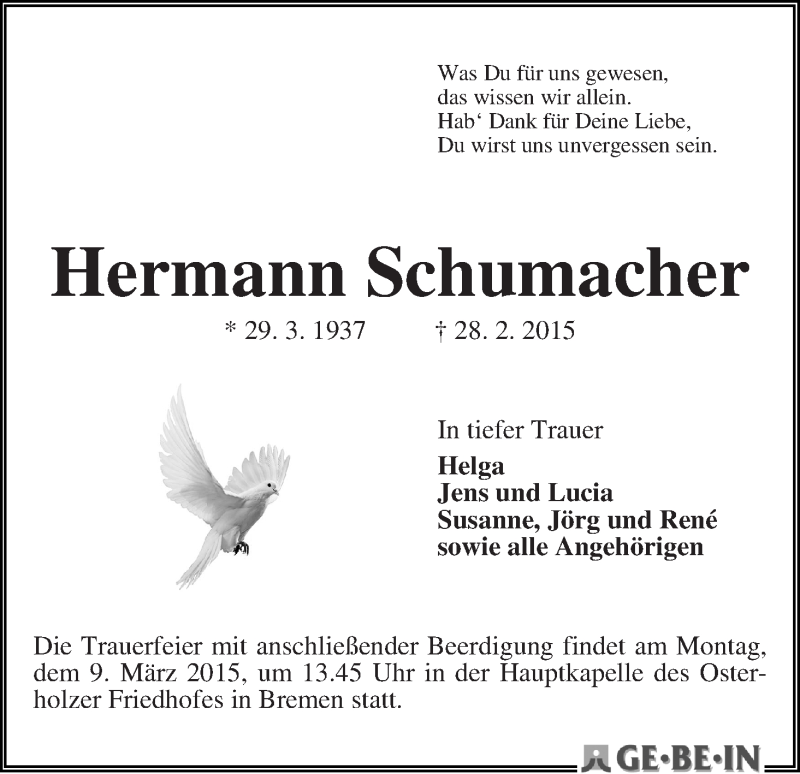  Traueranzeige für Hermann Schumacher vom 04.03.2015 aus WESER-KURIER