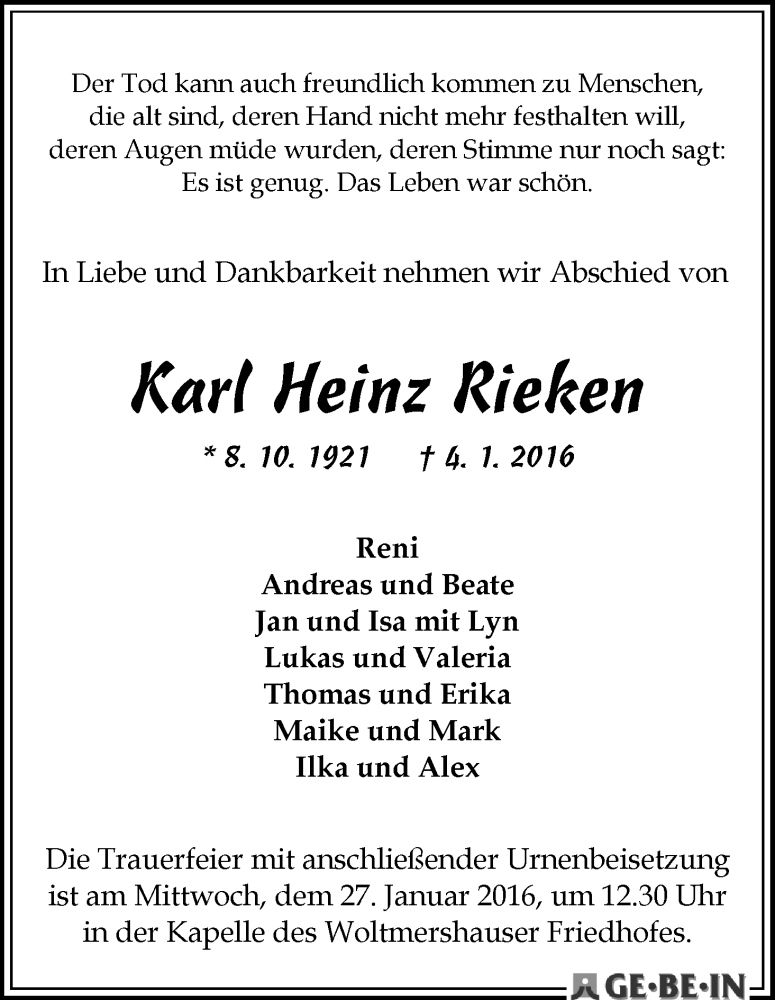 Traueranzeige von Karl Heinz Rieken von WESER-KURIER