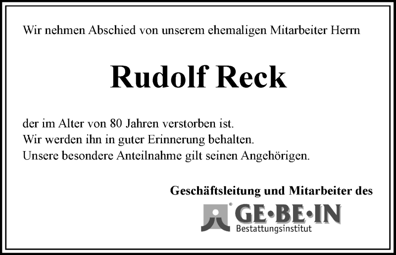 Traueranzeige von Rudolf Reck von WESER-KURIER
