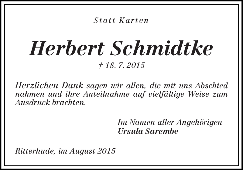 Traueranzeige von Herbert Schmidtke von Osterholzer Kreisblatt