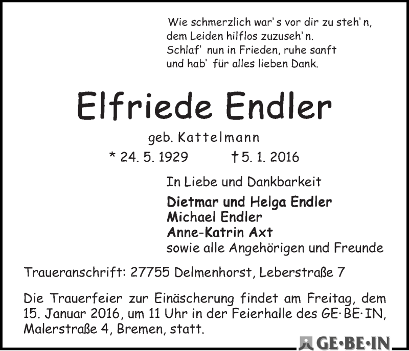 Traueranzeige von Elfriede Endler von WESER-KURIER