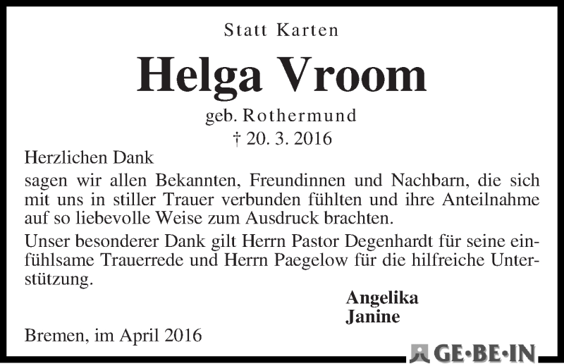 Traueranzeige von Helga Vroom von WESER-KURIER