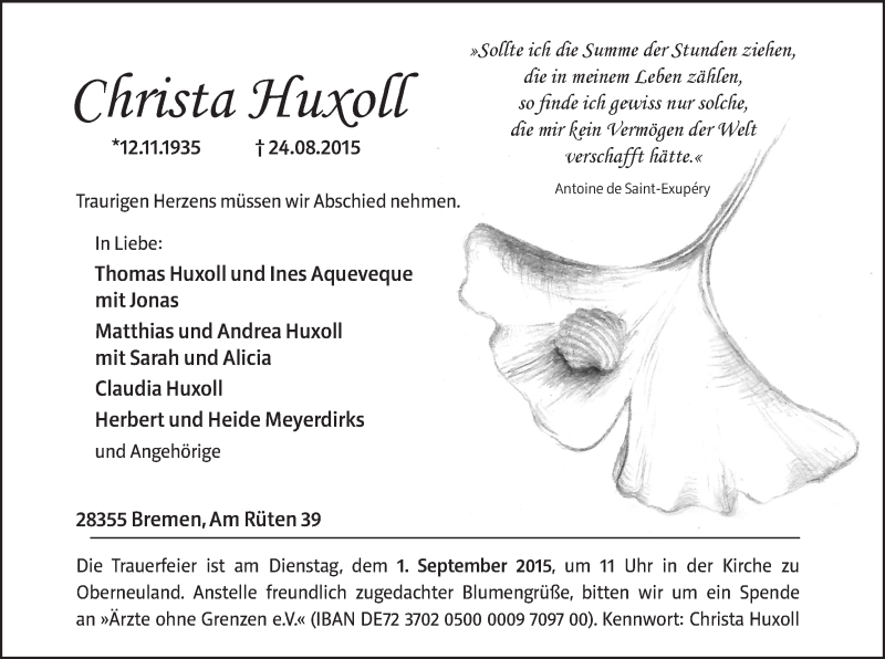 Traueranzeige von Christa Huxoll von WESER-KURIER