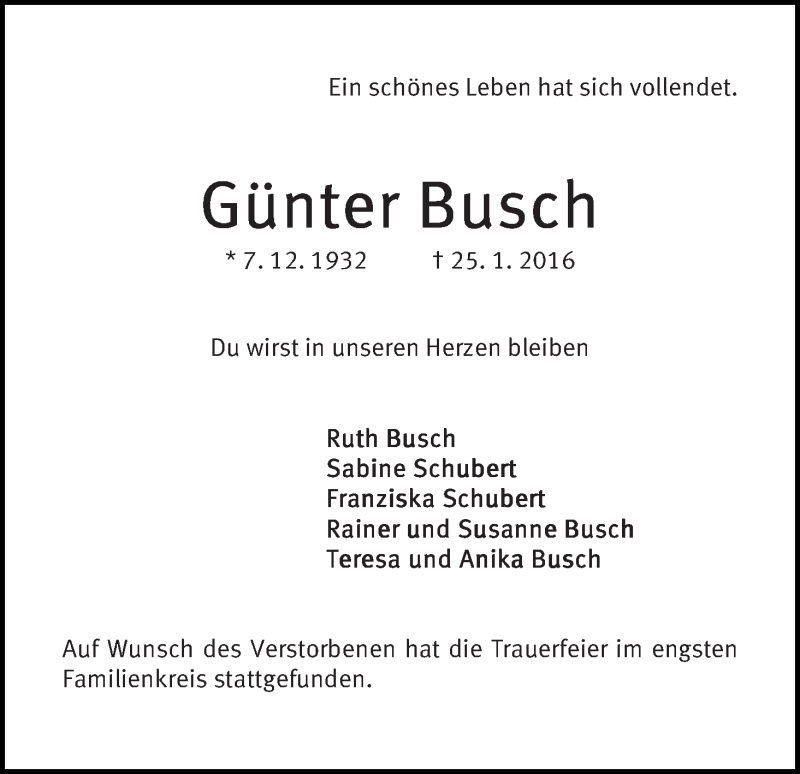 Traueranzeige von Günter Busch von WESER-KURIER