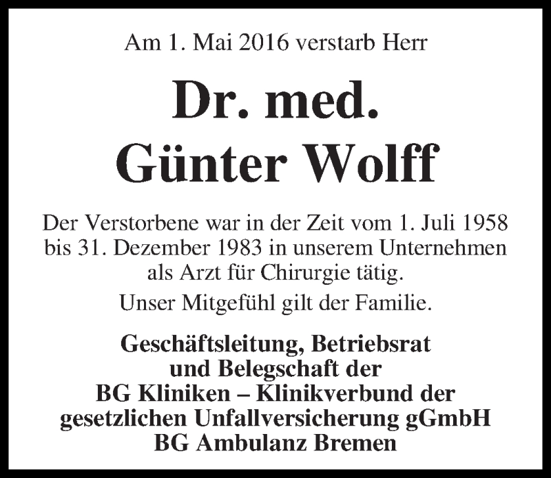 Traueranzeige von Günter Wolff von WESER-KURIER