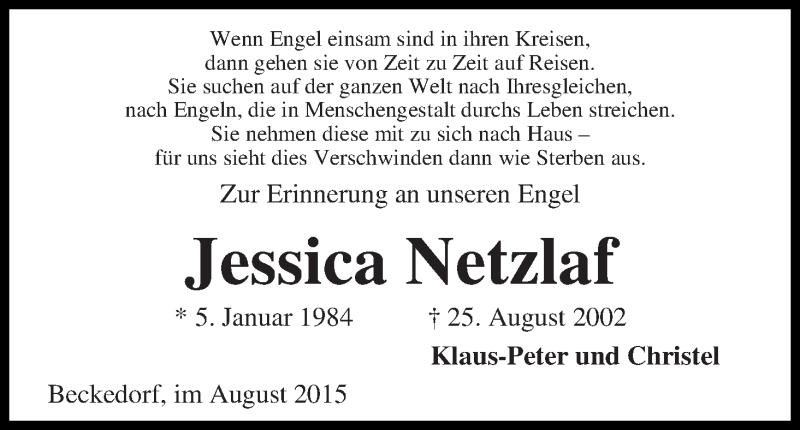  Traueranzeige für Jessica Netzlaf vom 25.08.2015 aus Die Norddeutsche