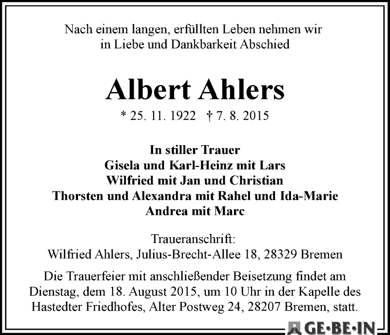 Traueranzeige von Albert Ahlers von WESER-KURIER