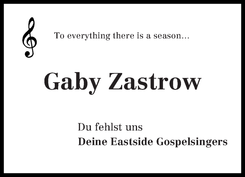  Traueranzeige für Gaby Zastrow vom 12.08.2015 aus WESER-KURIER