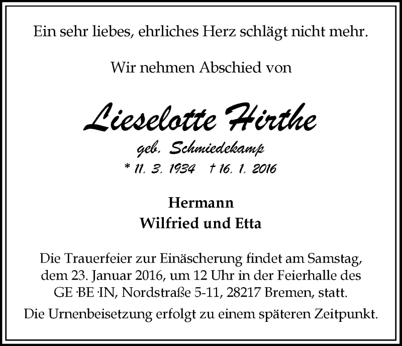 Traueranzeige von Lieselotte Hirthe von WESER-KURIER