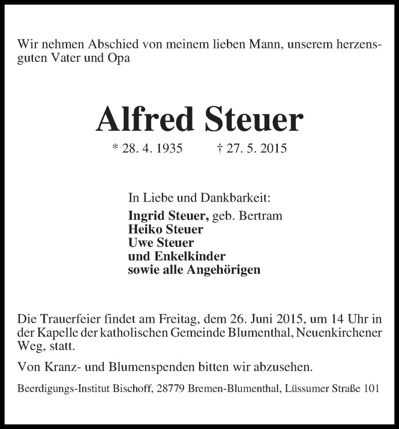 Traueranzeige von Alfred Steuer von Die Norddeutsche
