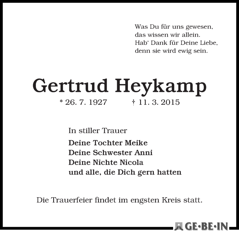 Traueranzeige von Gertrud Heykamp von WESER-KURIER