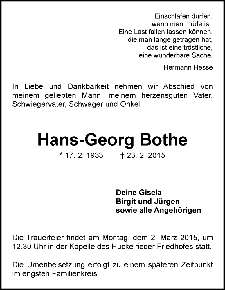 Traueranzeige von Hans-Georg Bothe von WESER-KURIER