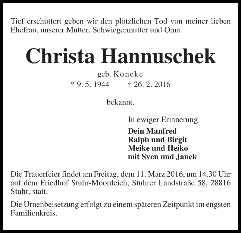 Traueranzeige von Christa Hannuschek von WESER-KURIER