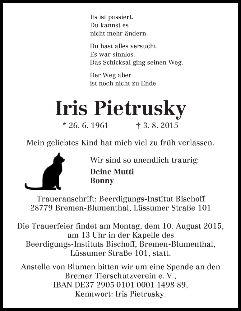 Traueranzeige von Iris Pietrusky von Die Norddeutsche