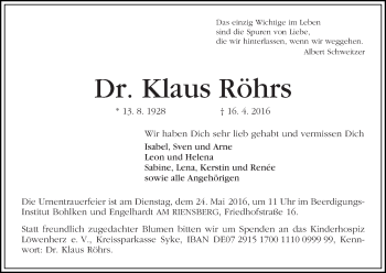 Traueranzeige von Dr.  Klaus Röhrs