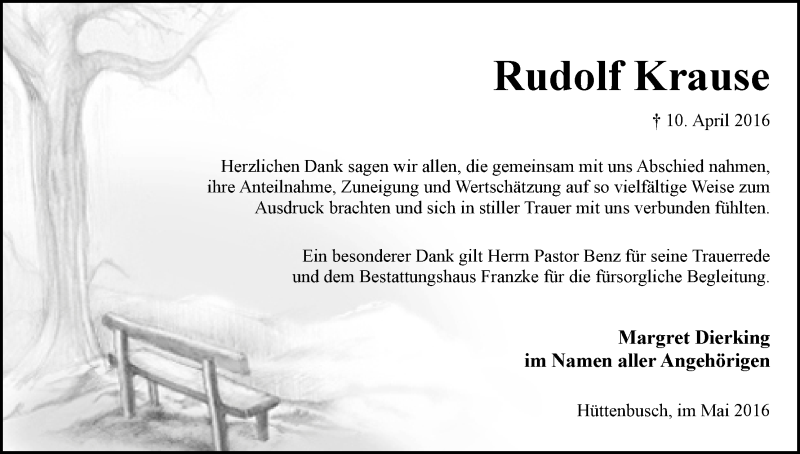 Traueranzeige von Rudolf Krause von Wuemme Zeitung