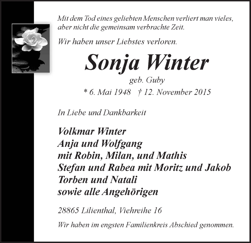 Traueranzeige von Sonja Winter von Wuemme Zeitung