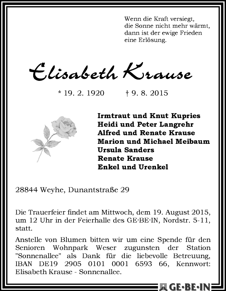 Traueranzeige von Elisabeth Krause von WESER-KURIER