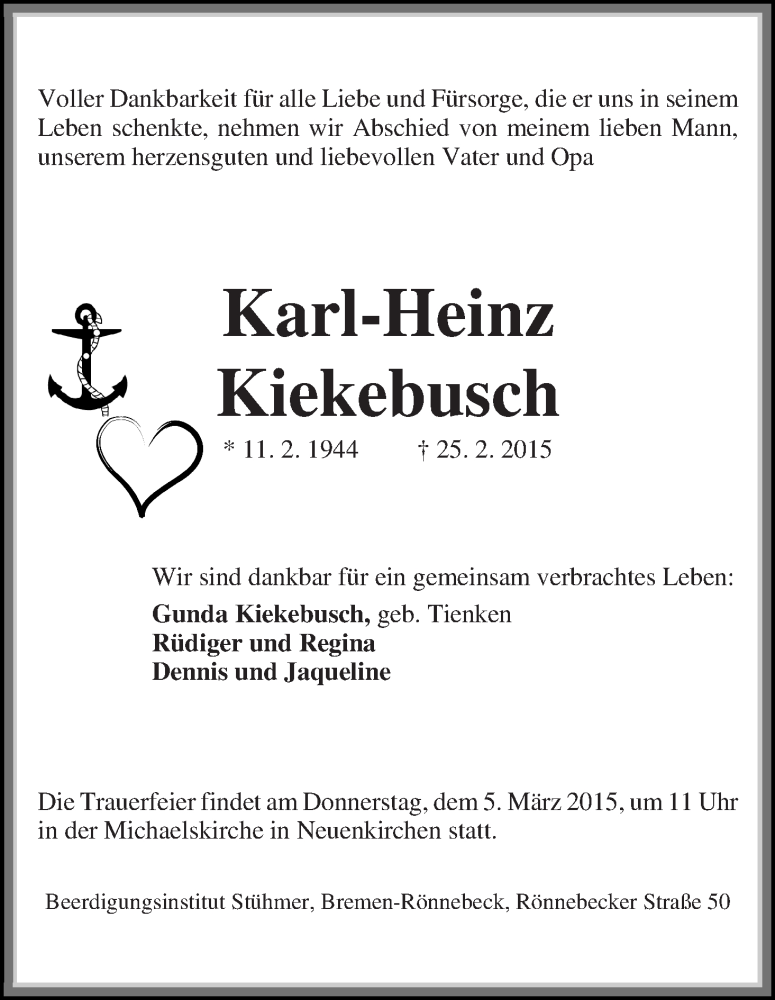 Traueranzeige von Karl-Heinz Kiekebusch von Die Norddeutsche