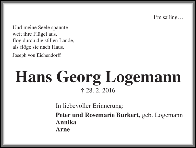 Traueranzeige von Hans Georg Logemann von Die Norddeutsche