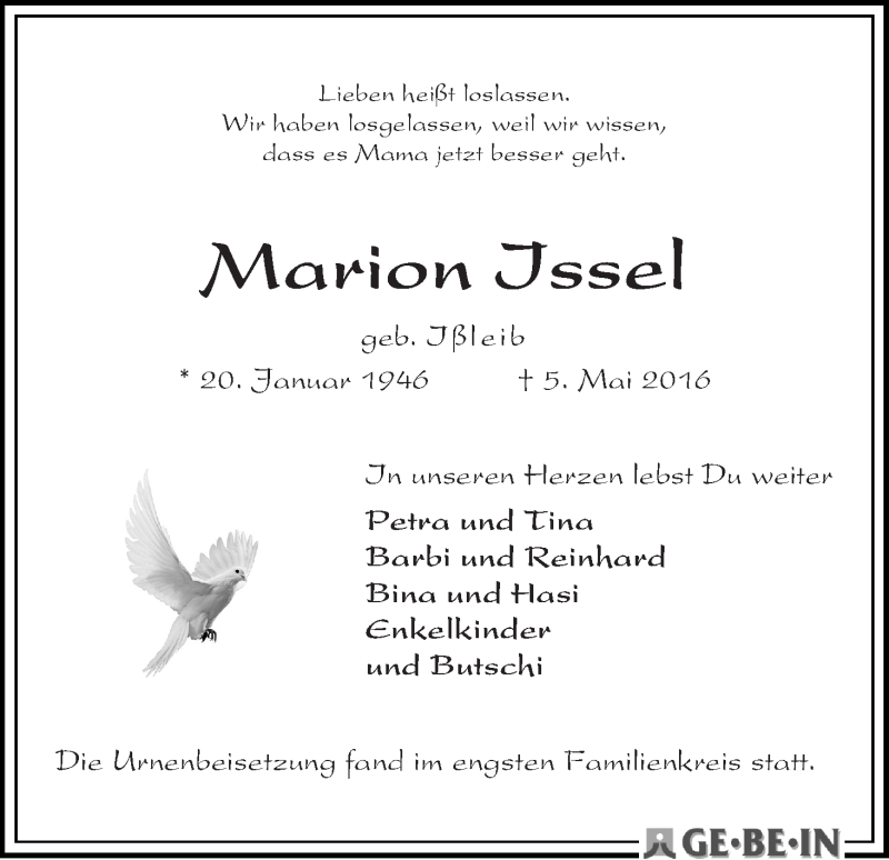 Traueranzeige von Marion Issel von Die Norddeutsche