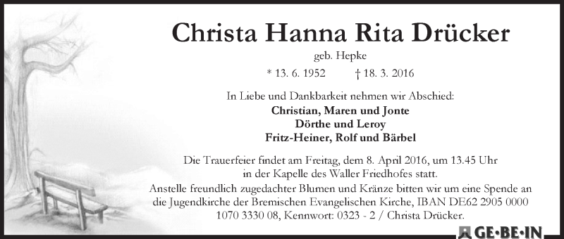 Traueranzeige von Christa Hanna Rita Drücker von WESER-KURIER