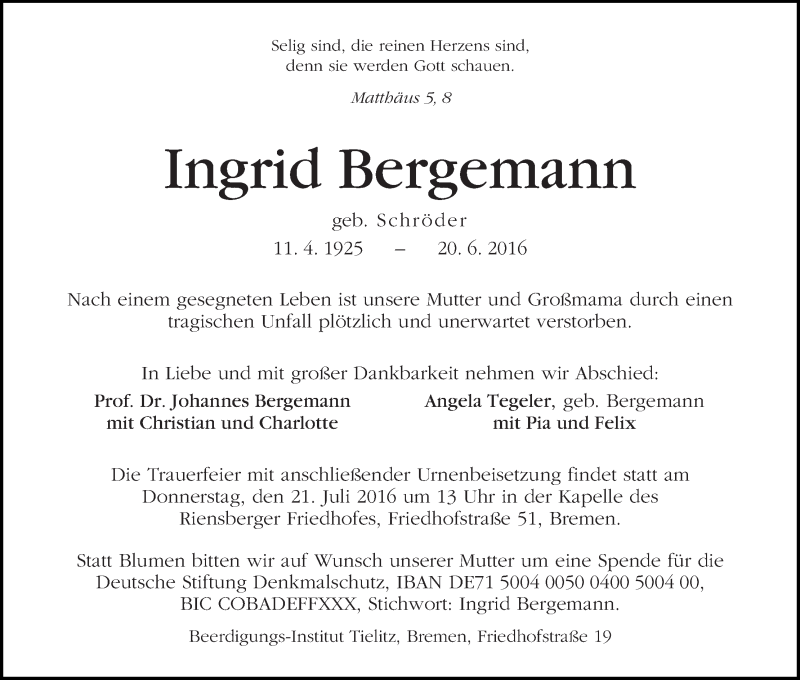 Traueranzeige von Ingrid Bergemann von WESER-KURIER