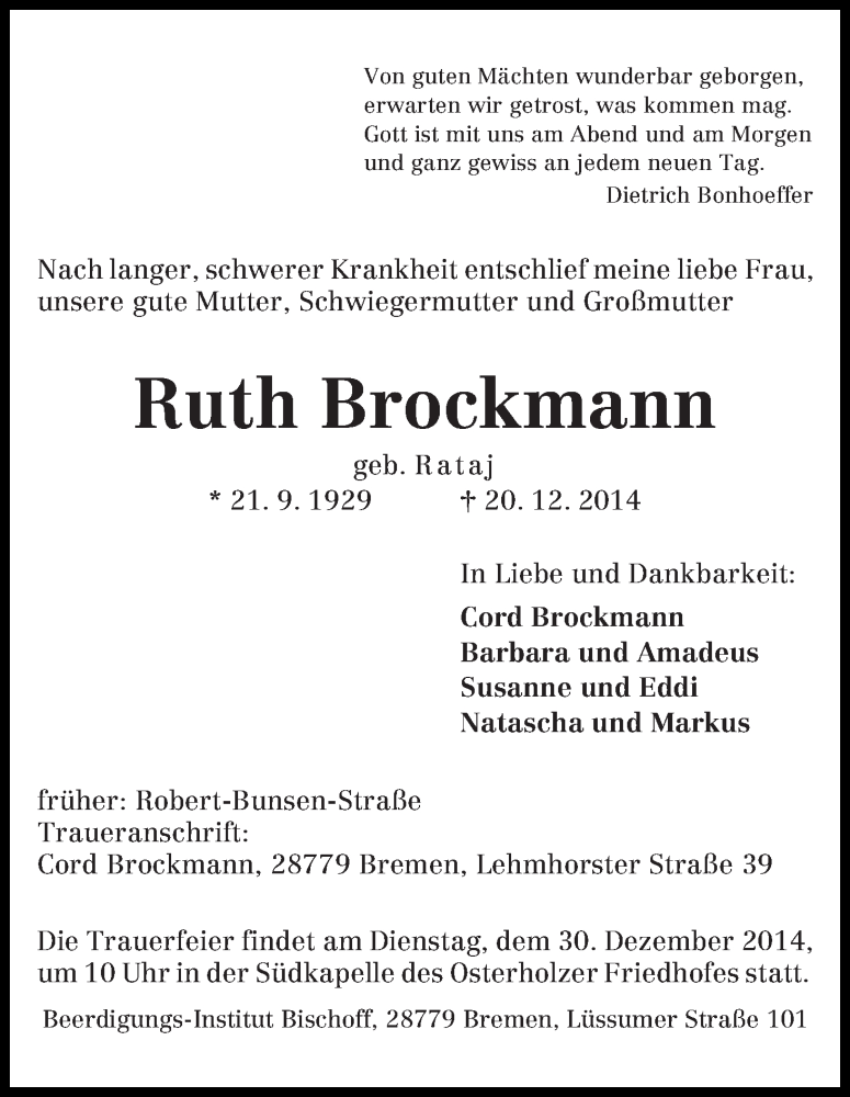 Traueranzeige von Ruth Brockmann von WESER-KURIER