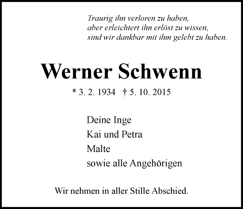 Traueranzeige von Werner Schwenn von WESER-KURIER
