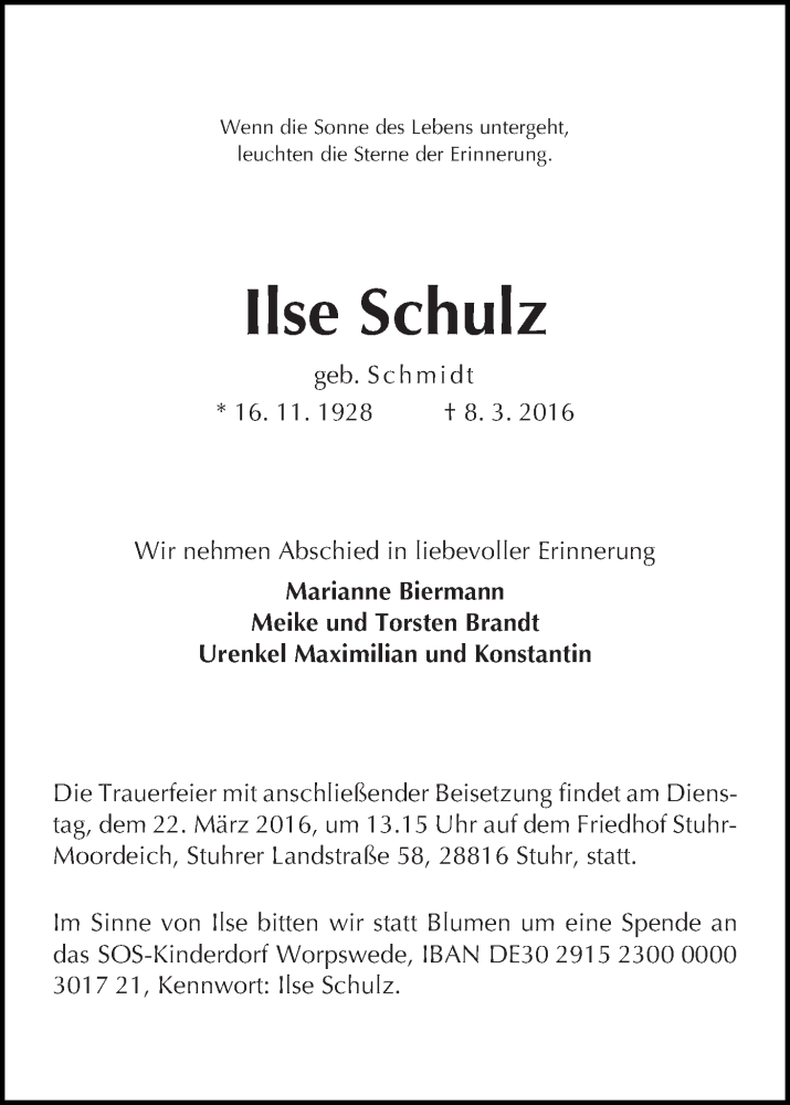 Traueranzeige von Ilse Schulz von WESER-KURIER