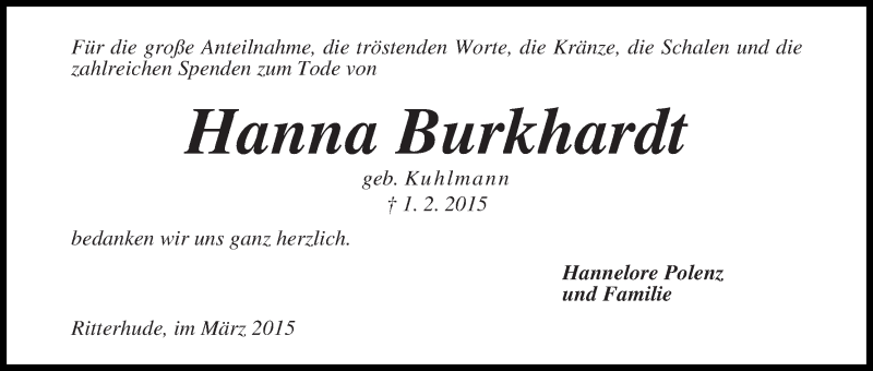 Traueranzeige von Hanna Burkhardt von Osterholzer Kreisblatt
