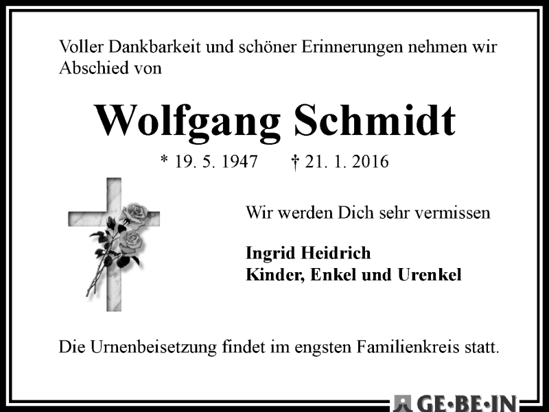 Traueranzeige von Wolfgang Schmidt von WESER-KURIER