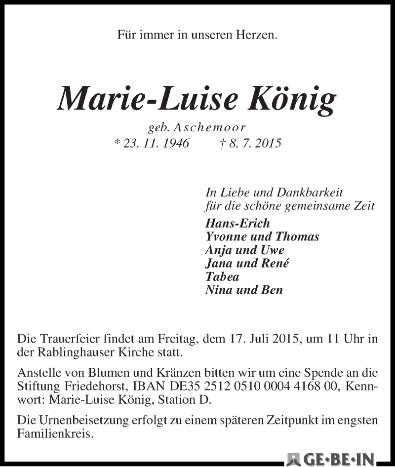 Traueranzeige von Marie-Luise König von WESER-KURIER