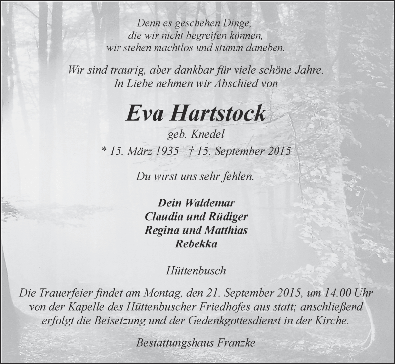 Traueranzeige von Eva Hartstock von Wuemme Zeitung