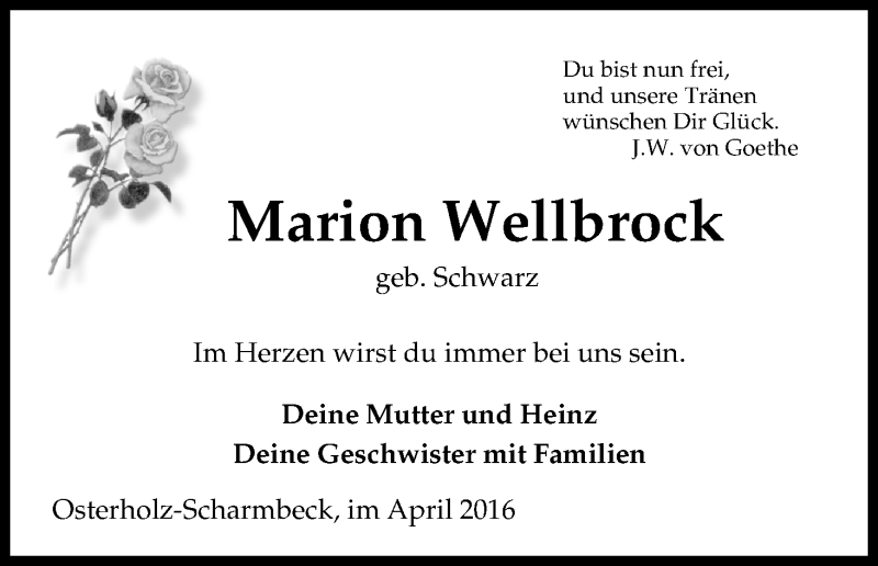 Traueranzeige von Marion Wellbrock von Osterholzer Kreisblatt