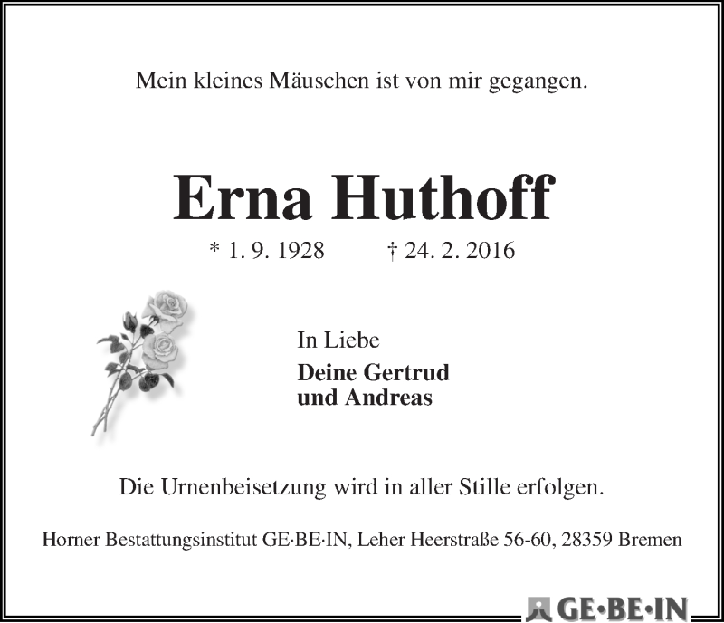 Traueranzeige von Erna Huthoff von WESER-KURIER