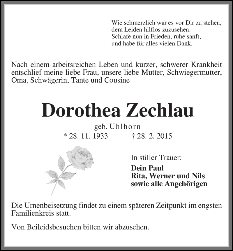Traueranzeige von Dorothea Zechlau von Die Norddeutsche