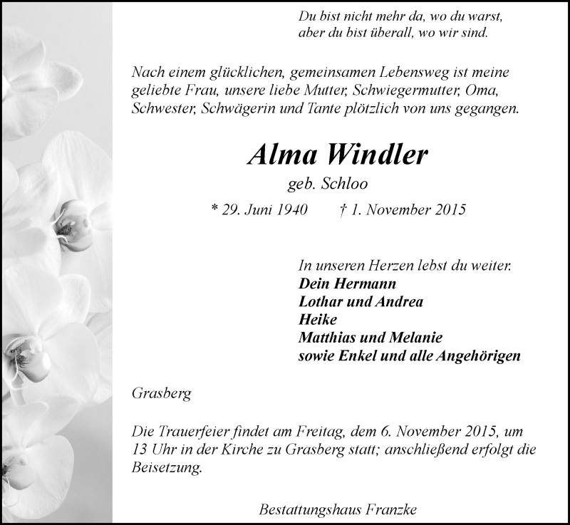 Traueranzeige von Alma Windler von Wuemme Zeitung