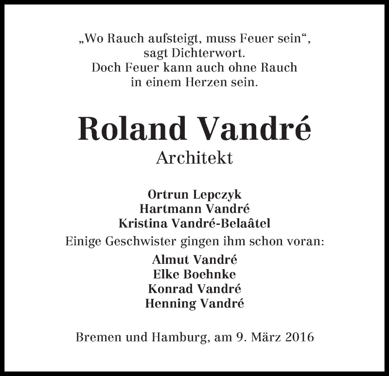 Traueranzeige von Roland Vandré von WESER-KURIER