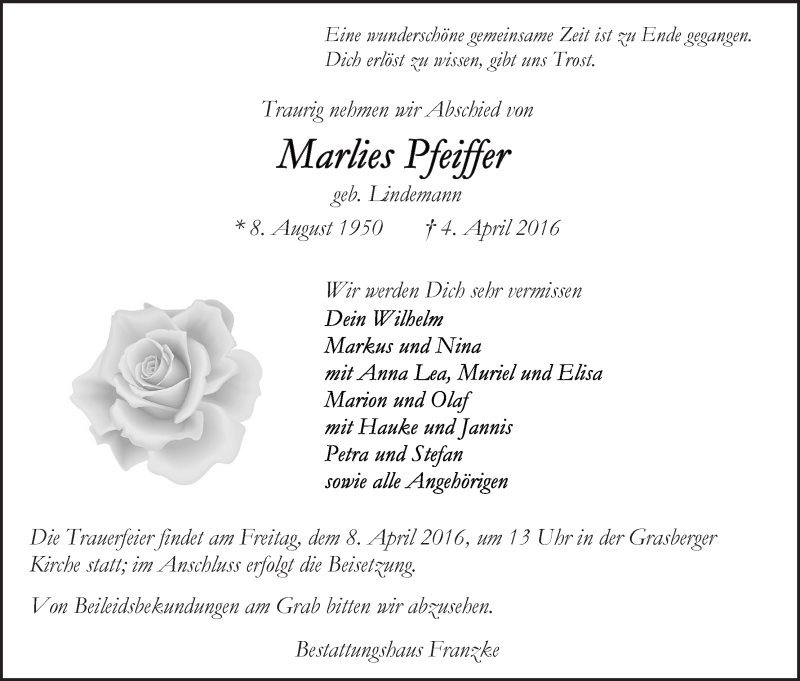 Traueranzeige von Marlies Pfeiffer von Wuemme Zeitung