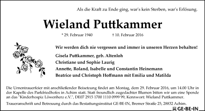 Traueranzeige von Wieland Puttkammer von WESER-KURIER
